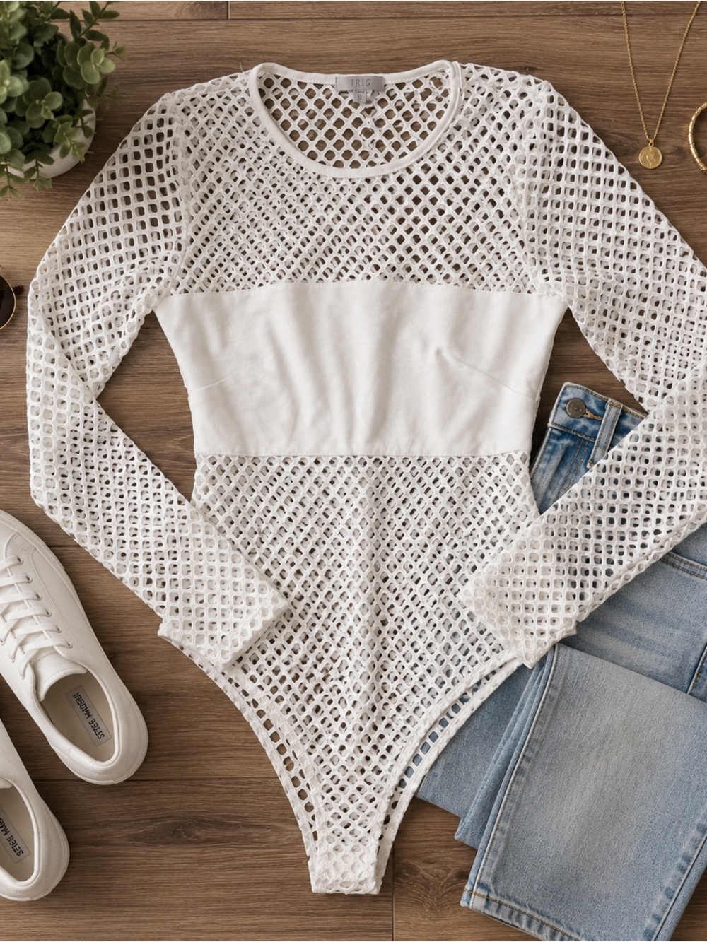 NWT Iris Basics White Open Knit Mesh Bodysuit Small Beach Festival Top